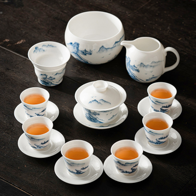 苏氏陶瓷(SUSHI CERAMICS)手绘羊脂玉茶具省级陶瓷艺术大师陈建瑞手工山水画三才盖碗礼盒装