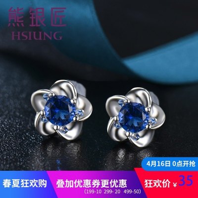 熊银匠S925银耳钉女款日韩简约镶嵌耳环韩国女生气质耳饰生日礼物