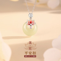 新中式莲花和田玉项链s999纯银高级感莲蓬吊坠宫廷风珐琅项饰批发
