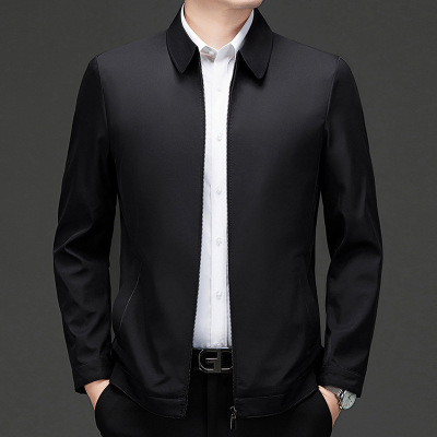 秋季新款男士休闲商务翻领百搭纯色夹克爸爸装时尚通勤