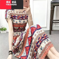 YIBUSHENG新款棉绸连衣裙女时尚收腰显瘦洋气碎花裙子天居家可外穿中长裙