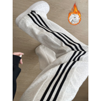 条纹运动裤女新款秋冬加绒阔腿直筒休闲小个子初中生宽松卫裤