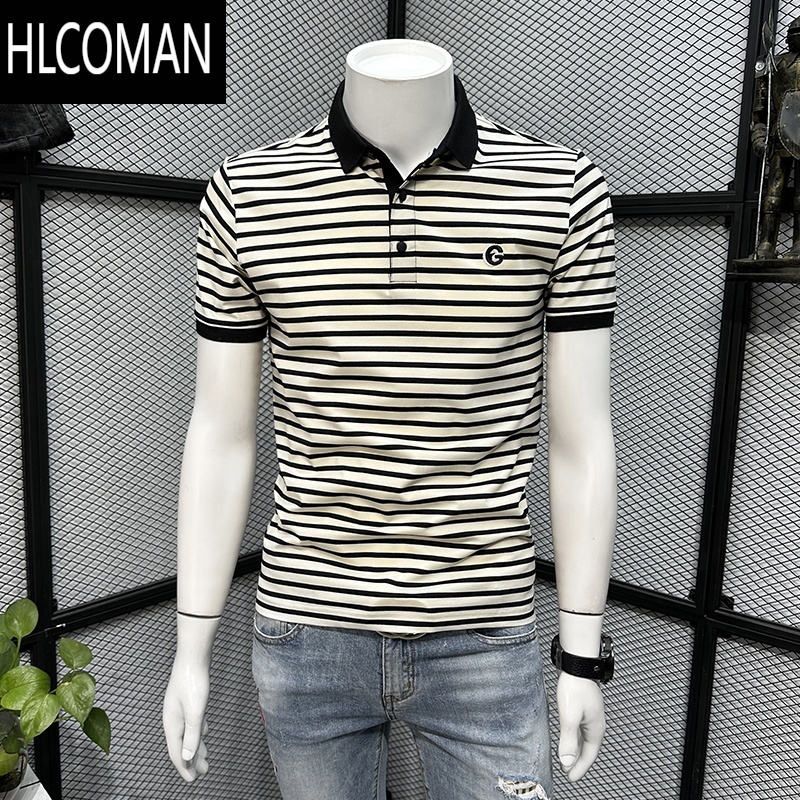 HLCOMAN条纹衫男短袖t恤夏季2025新款休闲半袖高端潮牌百搭修身体恤