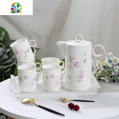 家用陶瓷凉开水壶耐热防爆冷水壶客厅水杯套装带托盘送人礼品 FENGHOU B款双耳平底托盘+一壶六杯凉水壶