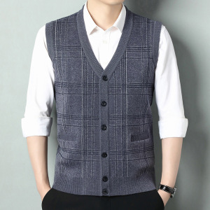 秋冬新款男式针织衫马甲 中老年秋冬休闲V领马甲羊毛开衫保暖背心