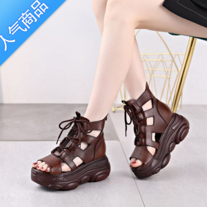 SUNTEK33-42厚底凉鞋女外穿2023夏季新款软底松糕高跟罗马鱼嘴凉靴