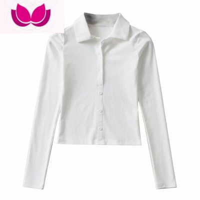 七斓[]灰色打底上衣女修身polo领短款套头显瘦排扣百搭长袖T恤