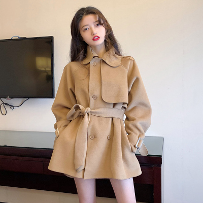 FISHBASKET法式气质风衣女中长款收腰小个子冬季加厚毛呢外套2020年新款大衣风衣女驼色（现货）均码