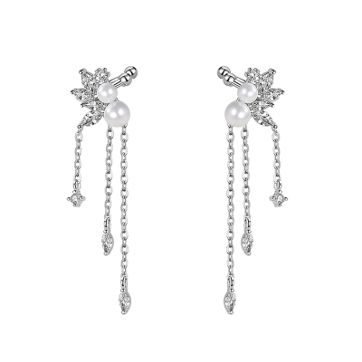 925树叶无耳洞流苏贝珠纯银耳夹耳骨夹假耳钉耳环耳饰女潮送女朋友老婆情人节七夕生日礼物