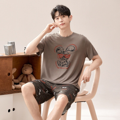 睡衣男士夏季短袖短裤家居服莫代尔圆领休闲两件套套装可外穿