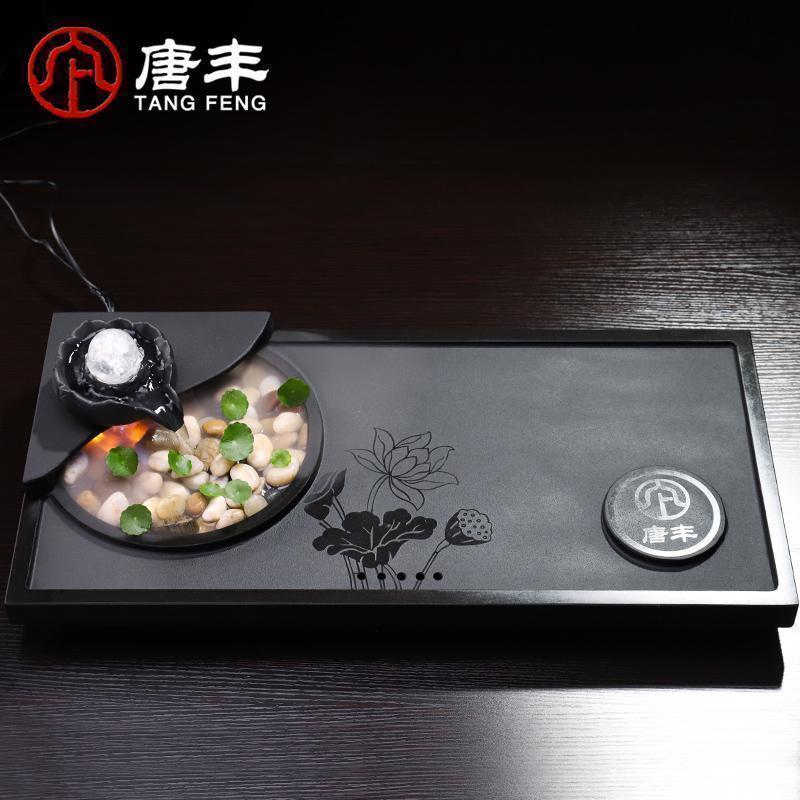 家柏饰(CORATED)乌金石茶盘创意莲花流水雾化家用简约石材茶台功夫茶石头茶海