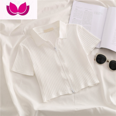 七斓领坑条纹t恤女夏高腰露脐短款修身潮ins半袖chic港味上衣短袖