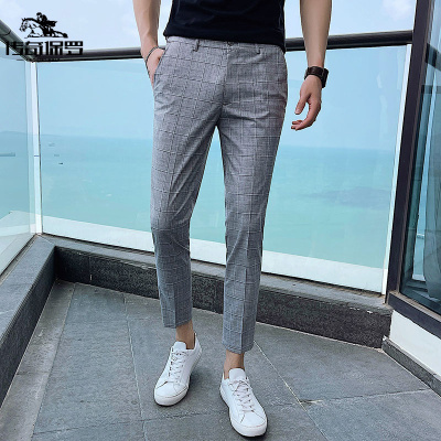 传奇保罗（CHUANQIBAOLUO）男士西裤韩版修身九分裤英伦绅士西装裤青年格子小脚裤春夏休闲裤