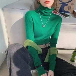 秋装新款女克莱因蓝堆堆领针织衫打底衫高领毛衣紧身修身内搭上衣