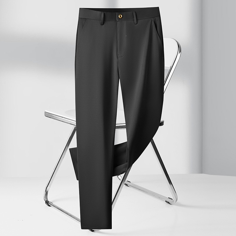 高端桑蚕丝休闲裤直筒宽松年夏款商务西裤高弹薄款纯色经典男裤子