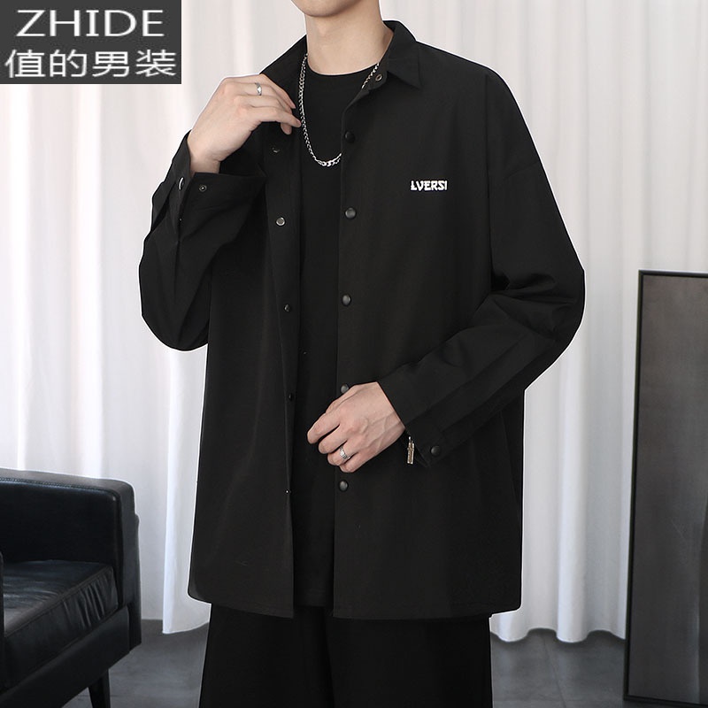 SUNTEK高级感衬衫男长袖港风宽松春季黑色衬衣外套潮百搭休闲dk制服上衣衬衫