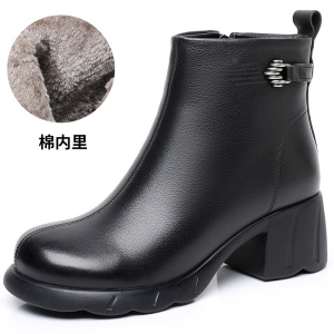 圆头粗跟短靴女25冬季新款牛皮短靴中跟侧拉链靴复古百搭短筒棉