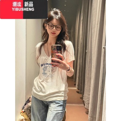 YIBUSHENG季大领口宽松休闲白色正肩上衣服新设计感小众V领短袖T恤女
