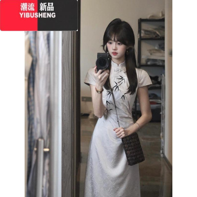 YIBUSHENG新中式国风盘扣优雅旗袍裙子女季2024新款清冷感收腰显瘦连衣裙