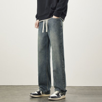 柔软舒适抗皱松紧腰牛仔裤男生新款秋冬简约抽绳流行弹力长裤男士