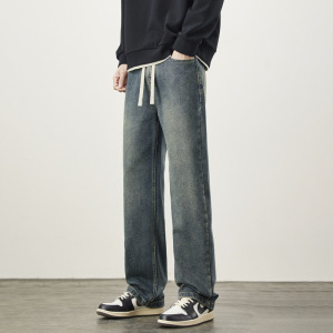 柔软舒适抗皱松紧腰牛仔裤男生新款秋冬简约抽绳流行弹力长裤男士