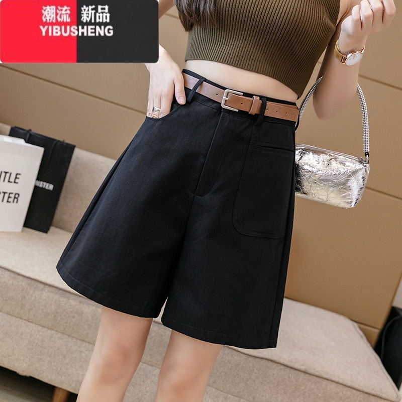 YIBUSHENG纯色高腰工装皮带短裤休闲裤女2024装新款时尚百搭A字阔腿裤