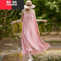 YIBUSHENG高端纯色棉绸吊带连衣裙过膝长款2024韩版新款复古文艺显瘦大摆裙