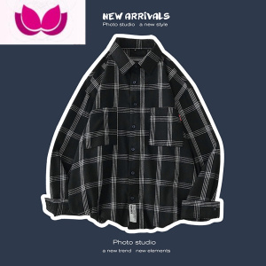 七斓长袖衬衫男休闲宽松潮牌格子衬衣外套日系cityboy潮流上衣