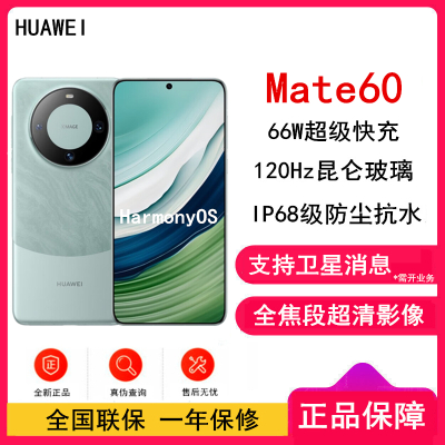 [原封]华为Mate60 12GB+512GB 雅川青 66W快充 全焦段超清影像 鸿蒙OS 120Hz昆仑玻璃屏 支持卫星消息 全网通手机