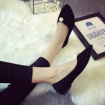 欧美2018春夏季款尖头珍珠磨砂浅口平底低跟单鞋女