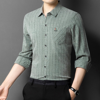 男士长袖衬衫春秋季新款长袖翻领棉麻衬衫男中老年爸爸装条纹衬衣