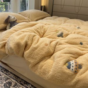 ins冬季加厚泰迪绒色毛巾绣圣诞树牛奶绒四件套珊瑚绒1.5m1.8米