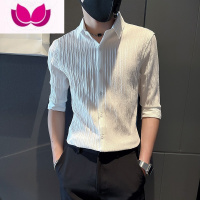 七斓七分袖衬衫男夏季薄款半袖商务短袖上衣社会小伙修身冰丝条纹衬衣