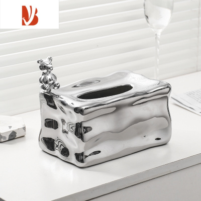 三维工匠冰川陶瓷纸巾盒轻奢家用客厅摆件银色桌面茶几装饰品创意抽纸盒 冰川纸巾盒-银色+小熊