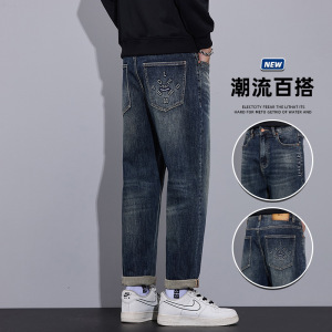 时尚复古直筒牛仔裤男秋冬新款百搭版型印花新疆棉高品质休闲长裤