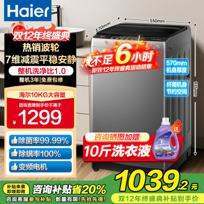海尔(Haier)10公斤 变频 全自动 波轮洗衣机 1.0洗净比 纳米微泡净 除菌除螨 XQB100-BZ20B0