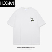 HLCOMAN吃笋熊猫设计感短袖t恤男大码宽松夏季薄款黑色半袖