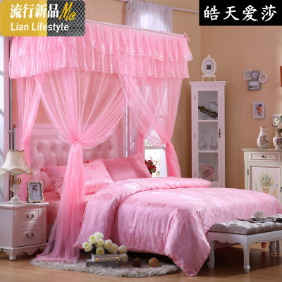 u型导轨可伸缩蚊帐1.8m家用加密加厚1.5m2米床落地宫廷纹账三开 三维工匠