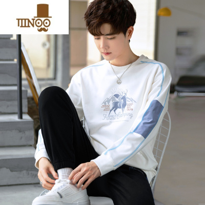 YANXU2023新款拼接男士卫衣潮牌 长袖t恤青少年衣服