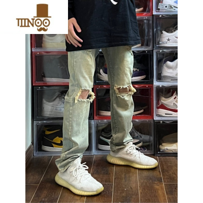 YANXU黄泥染复古水洗做旧膝盖破洞牛仔裤显瘦男女款长裤高街vibe破坏裤