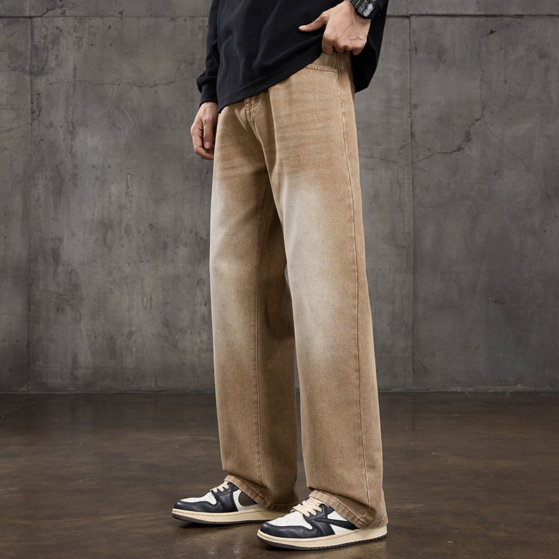 潮牌焦糖阔腿牛仔裤 男式脏橘色水洗做旧 2026 春秋高街百搭长裤