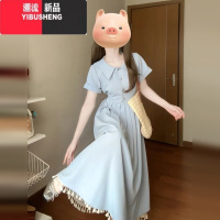 YIBUSHENG法式气质蓝色衬衫连衣裙子女装季2024新款高级感学院风polo长裙