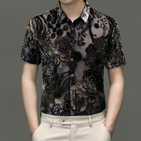 2025时尚潮流短袖衬衫中年男式夏装勾花镂空薄款休闲衬衣开衫
