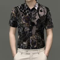 2025时尚潮流短袖衬衫中年男式夏装勾花镂空薄款休闲衬衣开衫