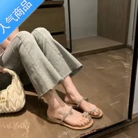 SUNTEK坡跟夹趾凉鞋女夏季2023新款仙女风平底水钻夹脚一字带凉拖鞋外穿