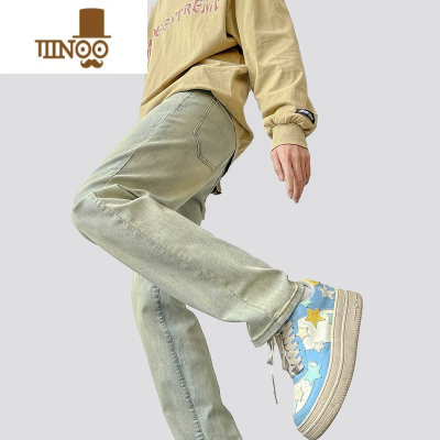 YANXU夏季美式高街黄泥染牛仔裤男修身水洗做旧复古宽松直筒休闲潮裤子