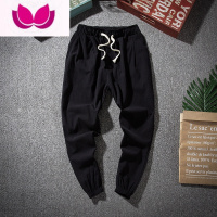 七斓中国风亚麻裤唐装男士宽松直筒松紧腰长裤麻料棉麻休闲裤子