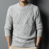 秋冬季新款加厚羊毛衫男圆领粗针提花保暖毛衣男士打底针织衫