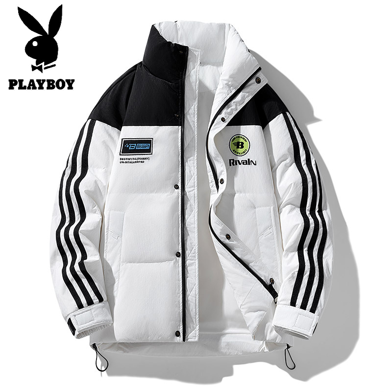 花花公子新款白鸭绒立领外套潮款拼接撞色羽绒服阔版保暖