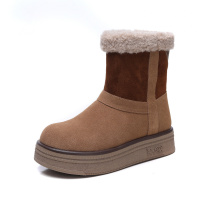 保暖羊羔毛雪地靴女冬季新款拼色真皮短靴加绒防滑厚底百搭
